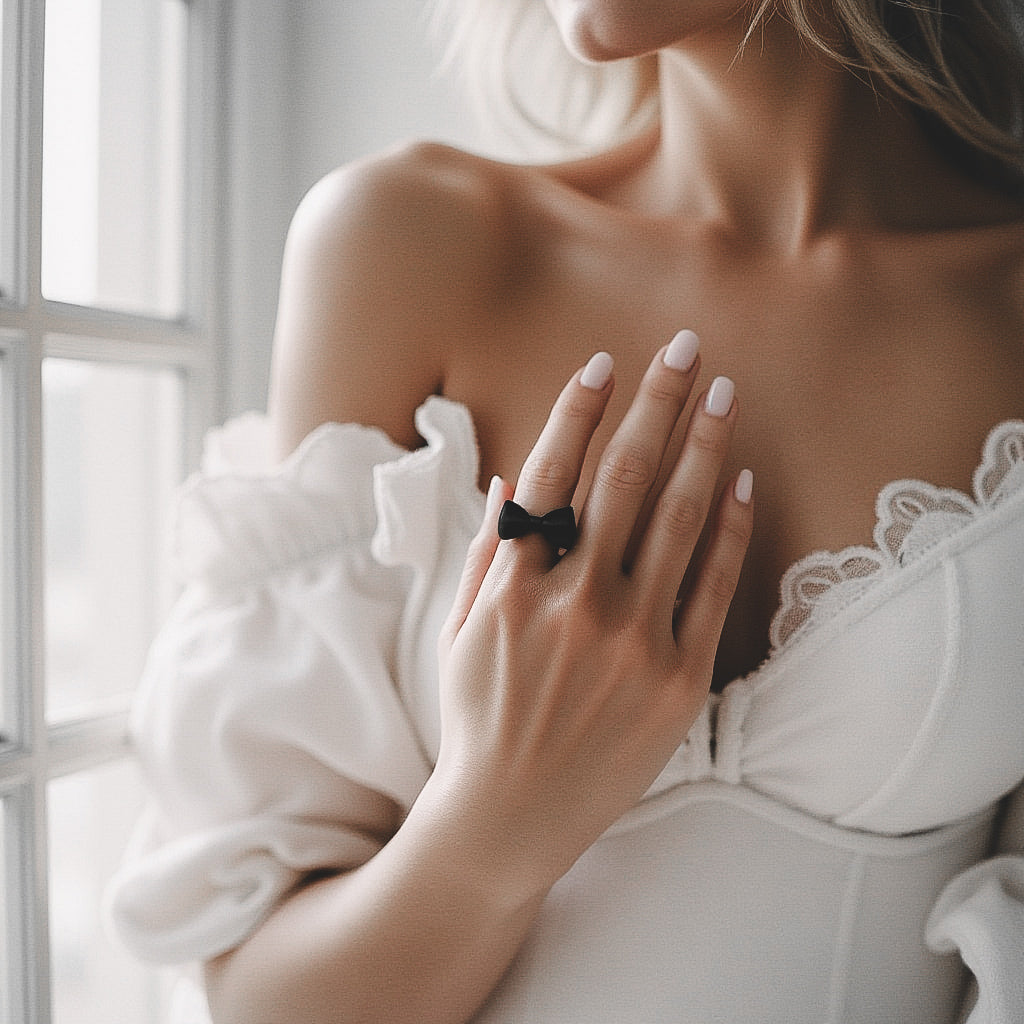 Black Bow Ring on Model in White Lingerie