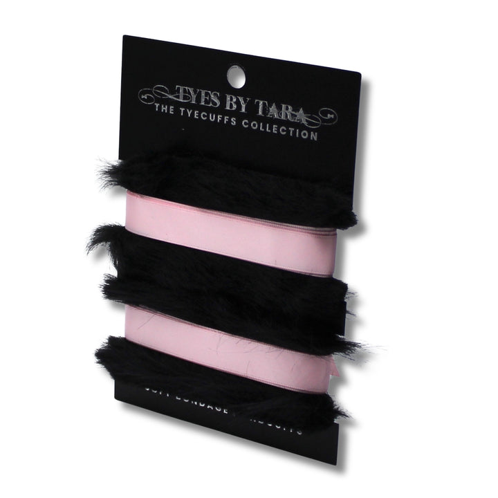 FiFi Faux Fur Black Cuffs with Pink Satin Ribbon