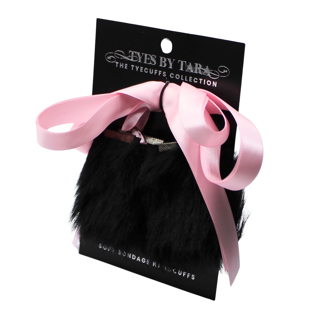 FiFi Black Faux Fur Cuffs with Pink Satin Ties