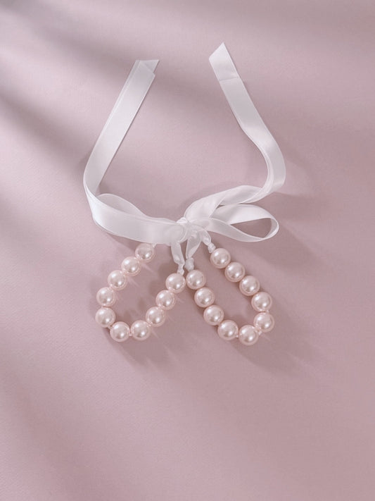 Pink Pearl Handcuffs with Long White Satin Ribbon Ties