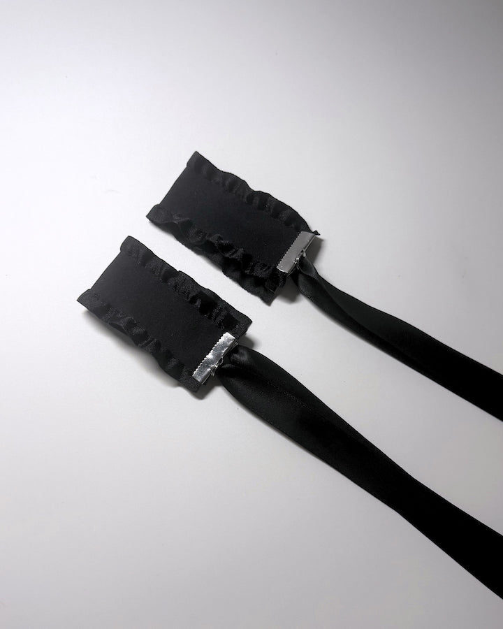 Black Ruffled Handcuffs with long satin ties cuff view