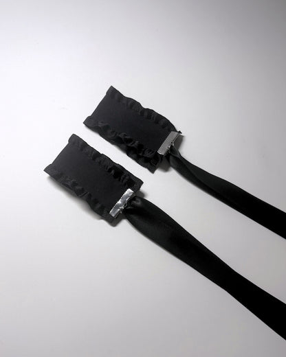 Black Ruffled Handcuffs with long satin ties cuff view