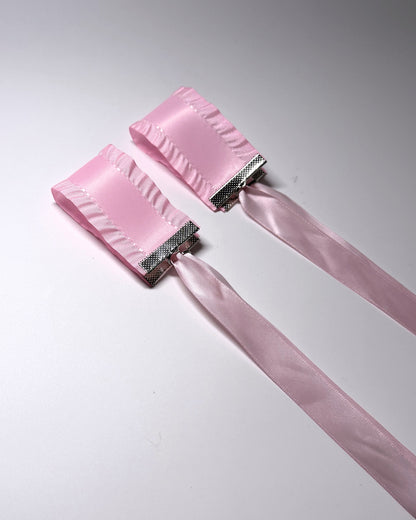 Pink Ruffled Handcuffs with long satin ties Cuff View