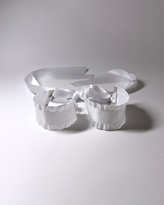 White Ruffled Handcuffs with long satin tyes