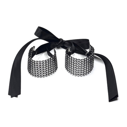 Black Sparkly Handcuffs with Long Black Satin Ties