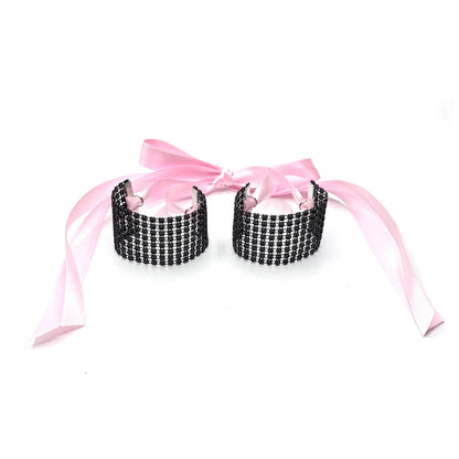 Vixen Black Sparkly Handcuffs with Pink Satin Ties