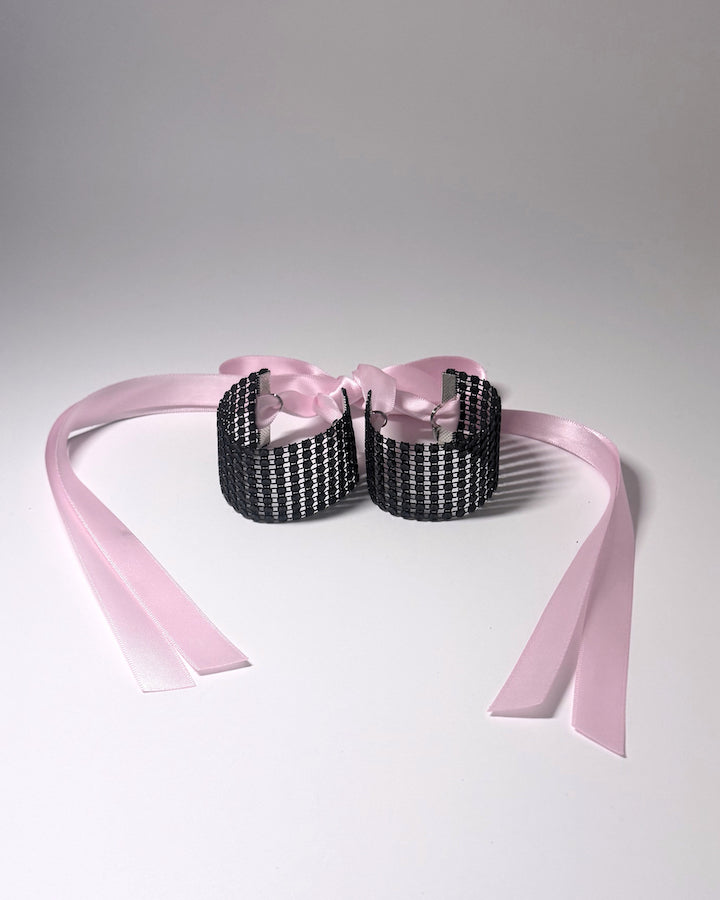Vixen Sparkly Black Rhinestone Mesh Handcuffs with pink satin ties