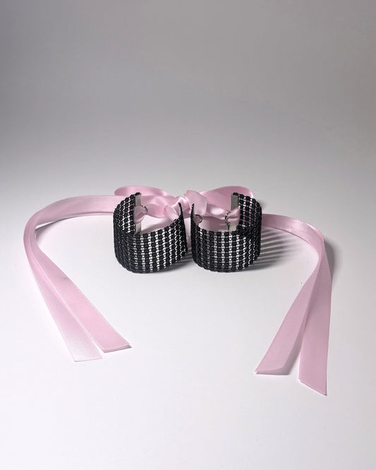 Vixen Sparkly Black Rhinestone Mesh Handcuffs with pink satin ties