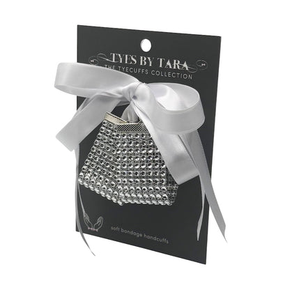 Vixen Silver Sparkly Satin White Tye Handcuffs on Black Card