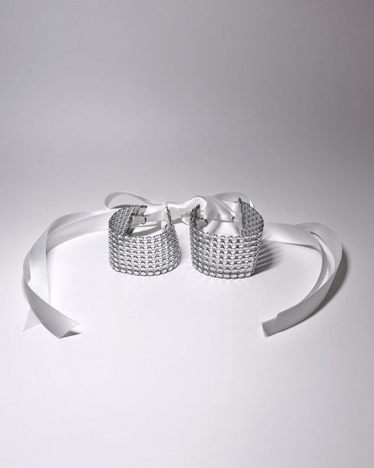 Vixen Sparkly White Rhinestone Mesh Handcuffs on light gray background