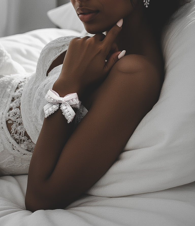 Belle White Bow Bracelet on Bride with Pretty Nails