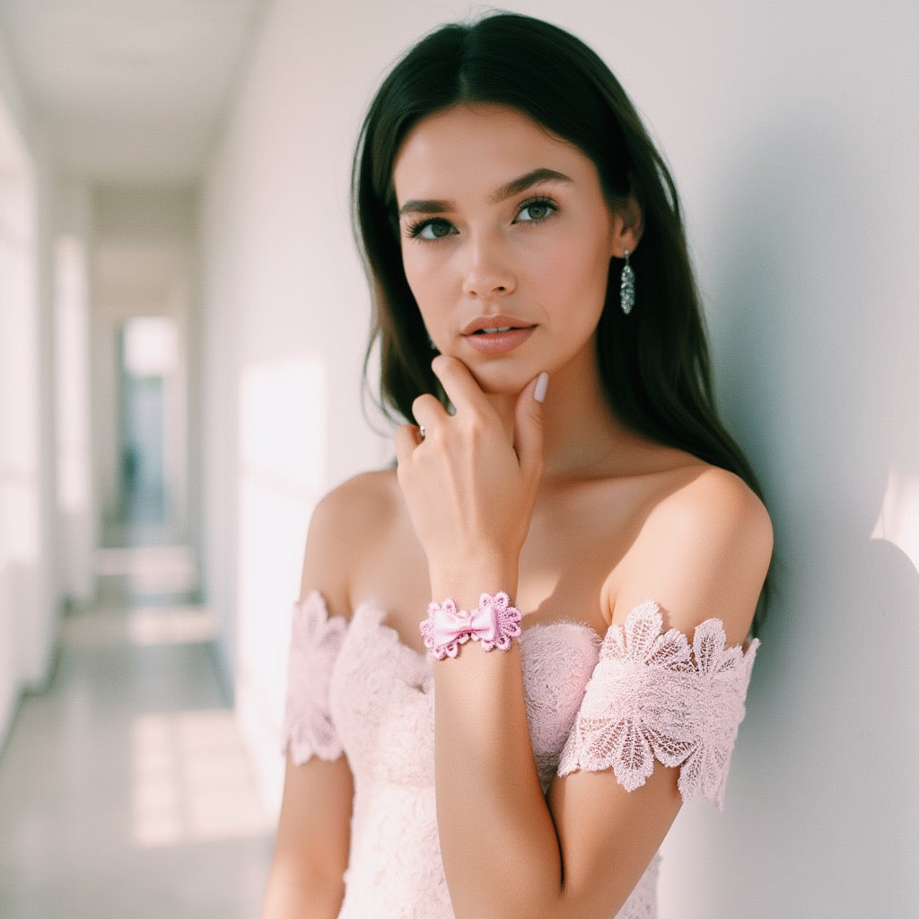 Pink Flower Blossom Bracelet on Brunette