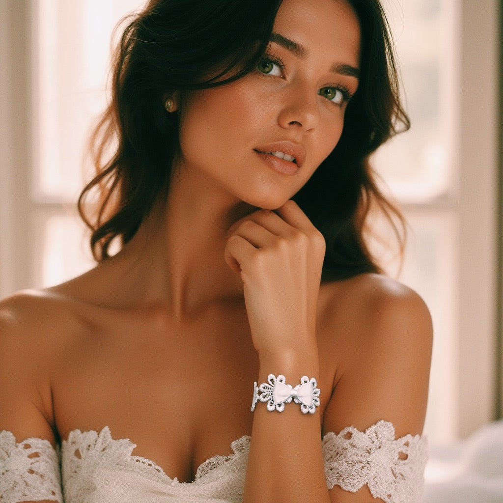 Beautiful Brunette Model wearing White Blossom Bow Bracelet 