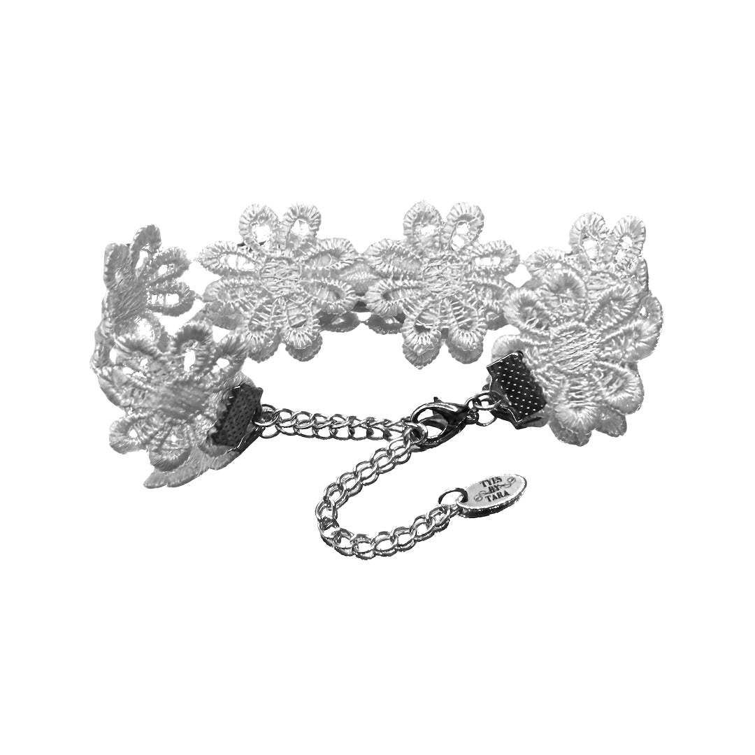 Back View of Blossom White Flower Bracelet with Chain and logo tag