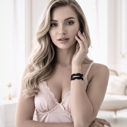 Model with Pink Nails and Pink LIngerie in the Chantilly Black Lace Bracelet 