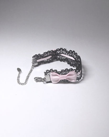 Chantilly Black Lace Pink Bow Bracelet 