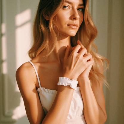 White Ruffled Bow Bracelet on Brunette Model 