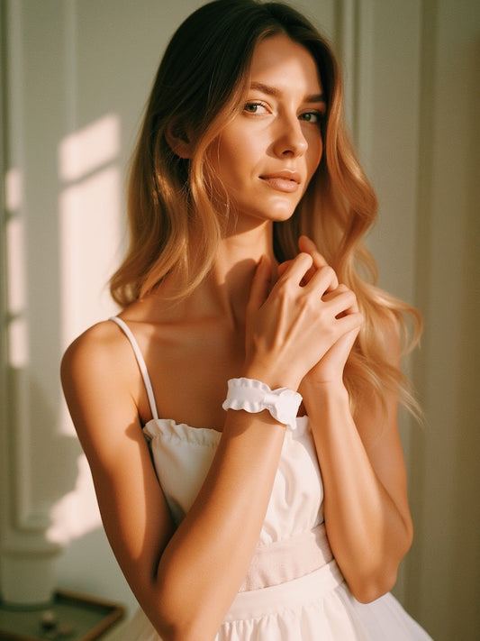 White Ruffled Bow Bracelet on Brunette Model 