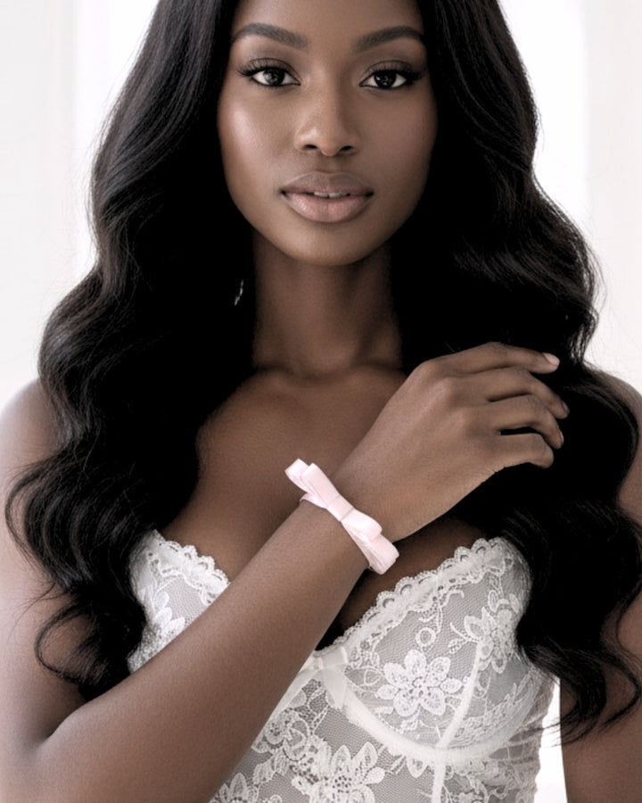 Model in Pink Bow Queen Bracelet with Silver Metallic Trim