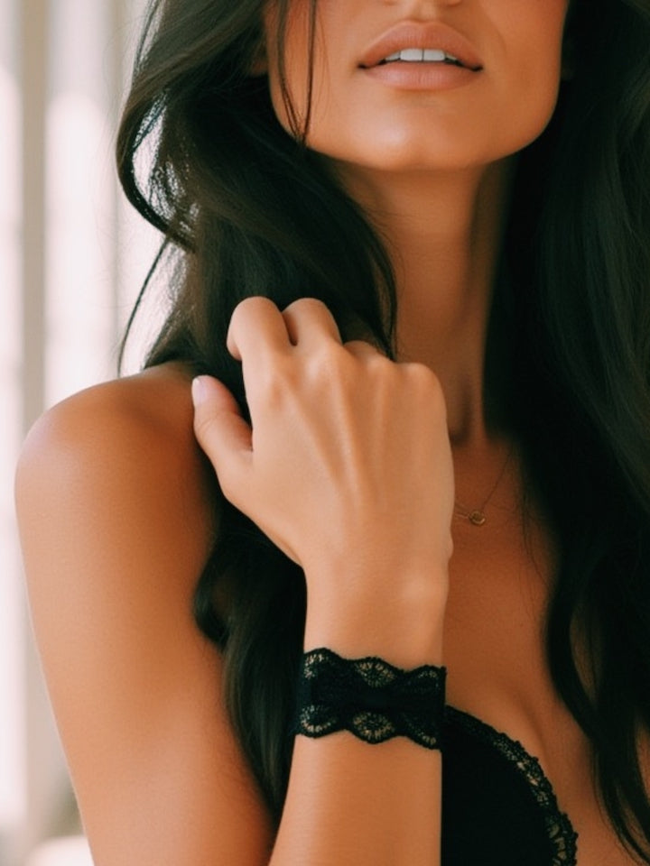 Siren Black Lace Bow Bracelet on Brunette Model