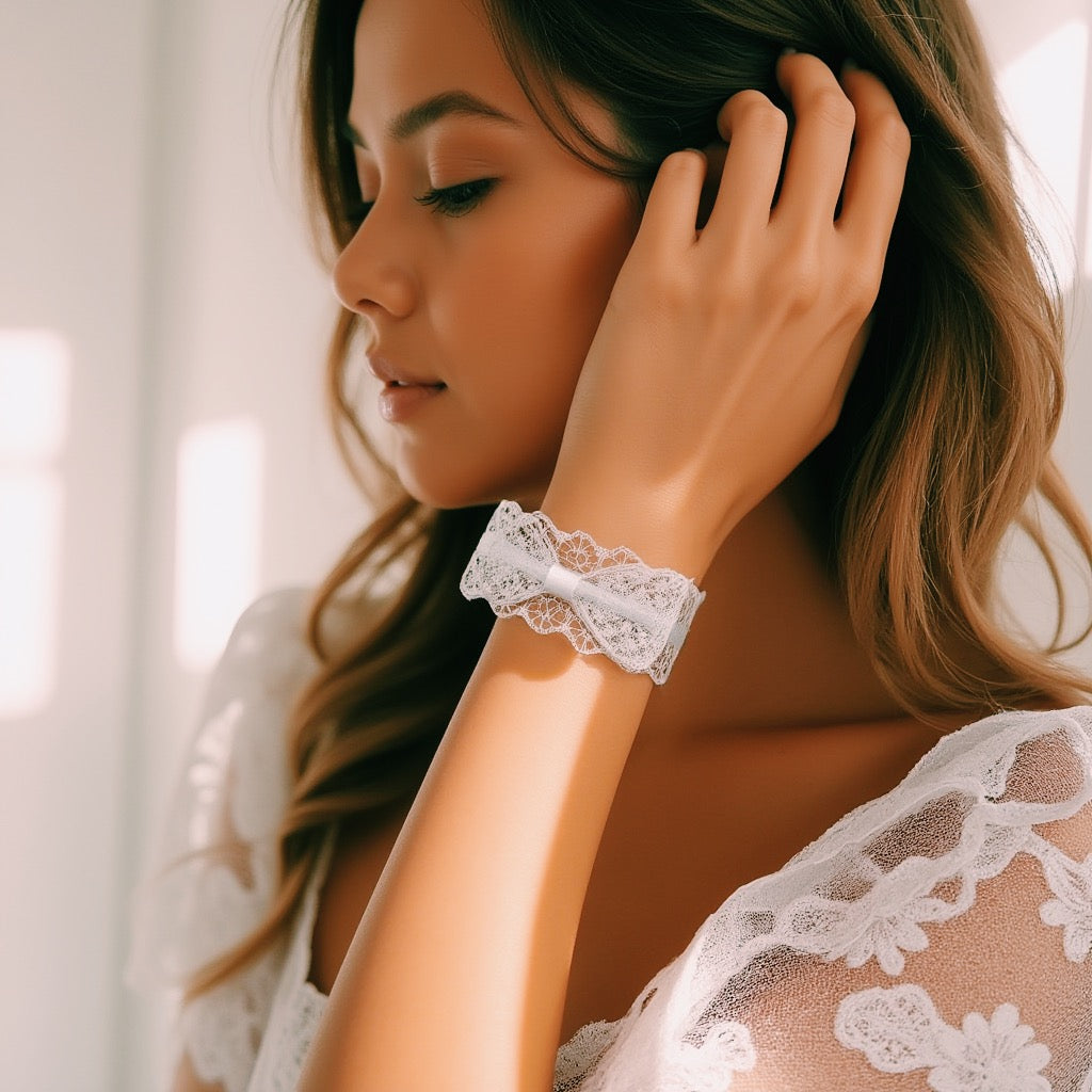 Model Wearing White Lace Bow Bracelet