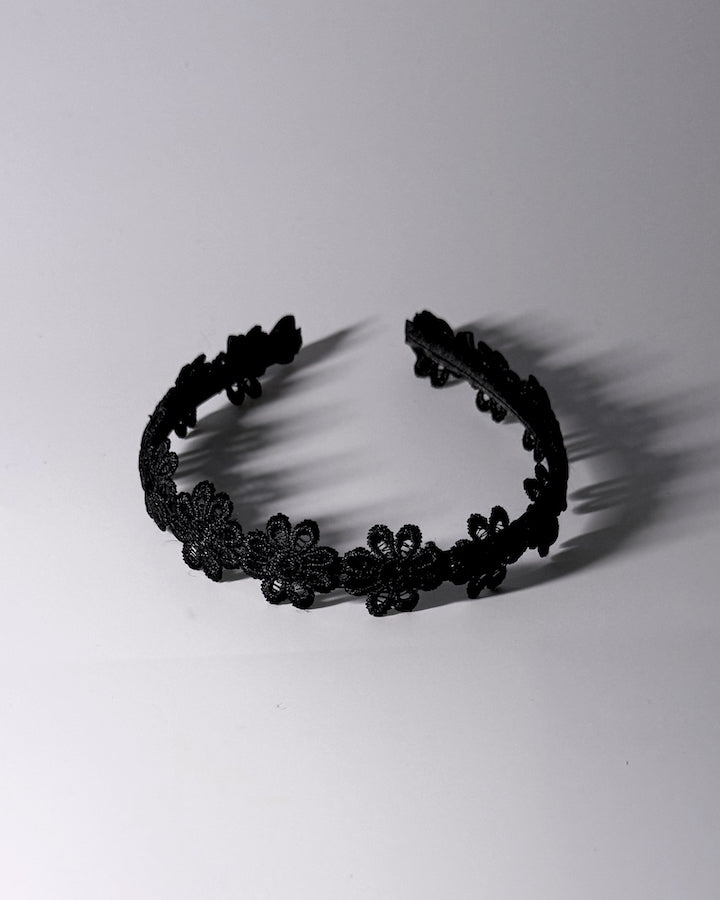 Blossom Black Flower Bow Headband with Satin Bows Top View