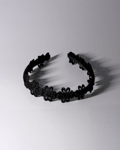Blossom Black Flower Bow Headband with Satin Bows Top View