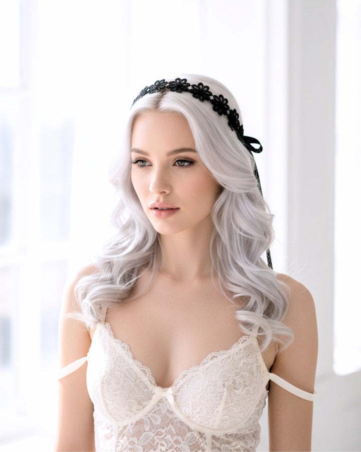 Blossom Black Flower Bow Headband on Silver Gray Model 