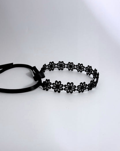 Blossom Black Flower Headband with Satin ties side view