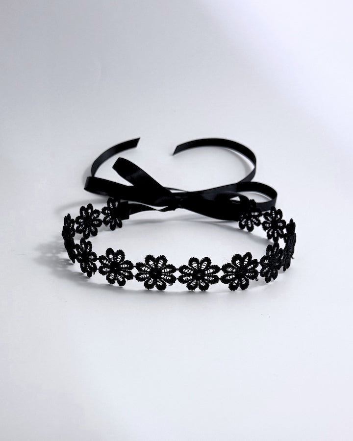 Blossom Black Flower Headband with Satin ties