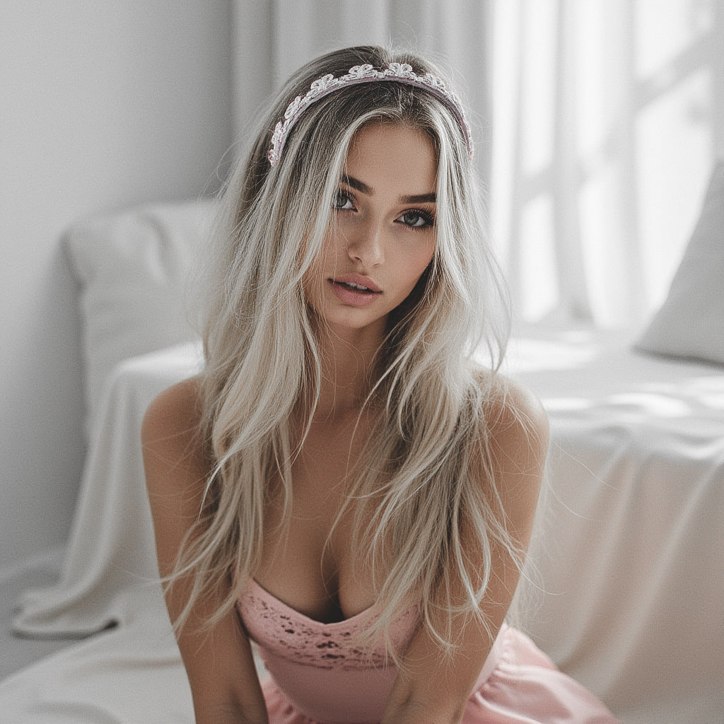 Blonde Wearing Pink Flower Headband in White Boudoir