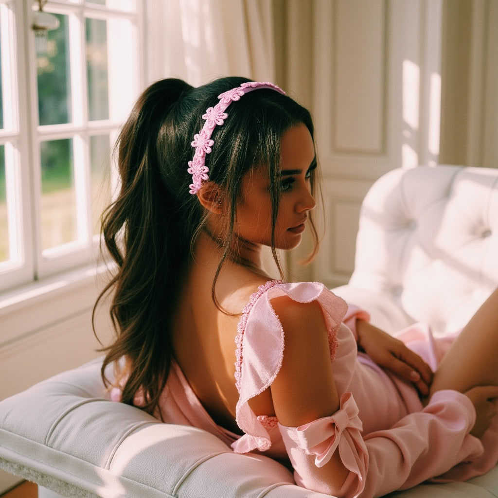 Pink Flower Headband on Pretty Brunette