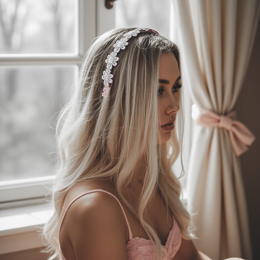 Blonde Wearing Pink Flower Headband in White Boudoir