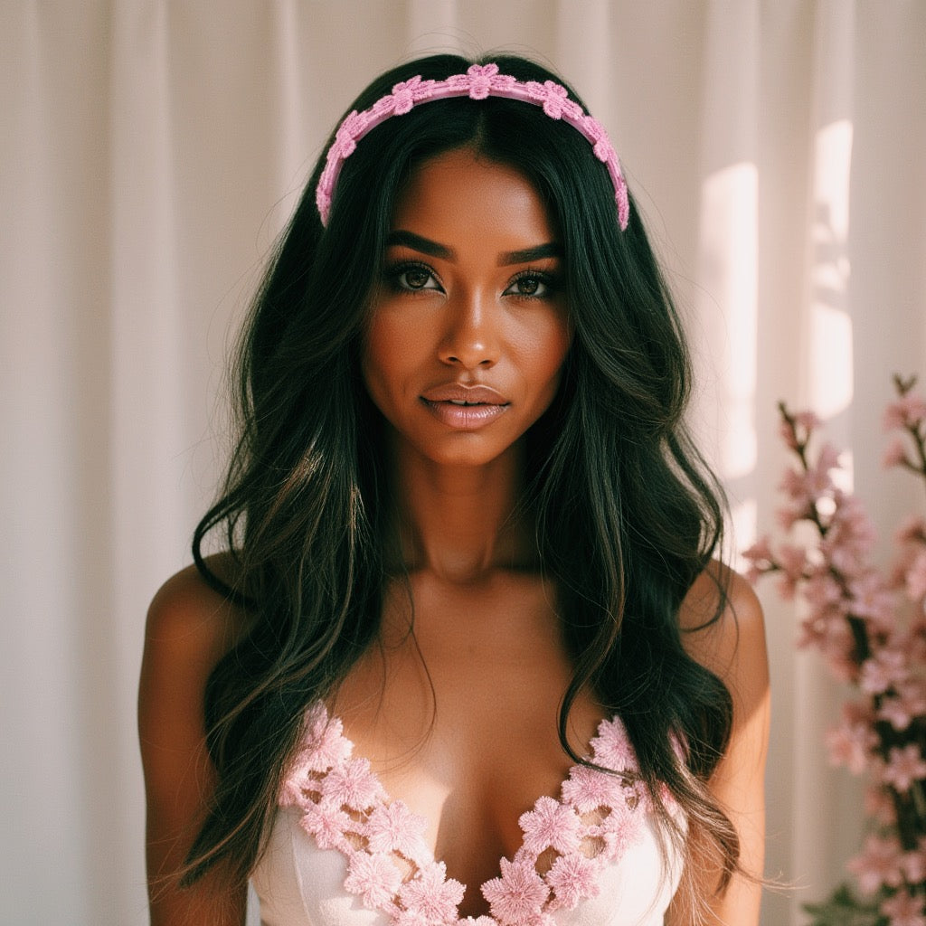 Blossom Pink Flower Headband on beautiful brunette