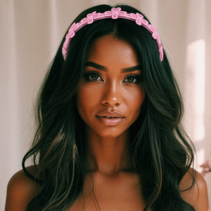 Blossom Pink Flower Headband on beautiful brunette