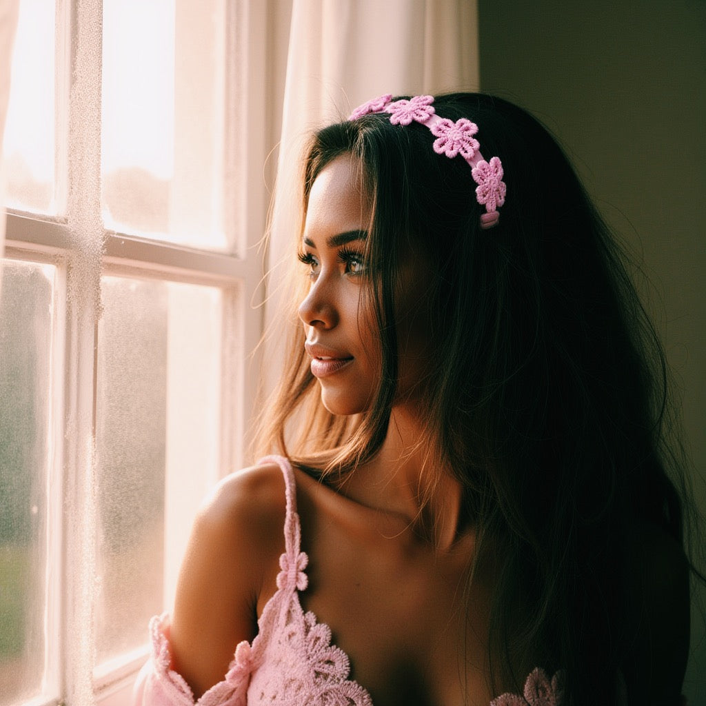 Pretty Brunette in Pink Flower Headband 