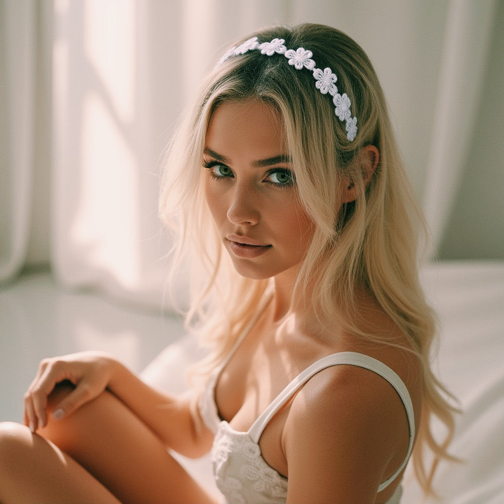 Model in Blossom White Flower Headband