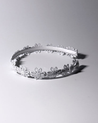 White Flower Headband Side View with Satin Bows