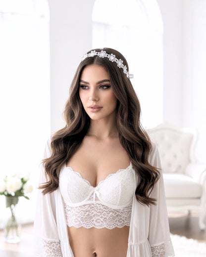 Blossom White Flower Bow Headband on brunette model wearing lingerie