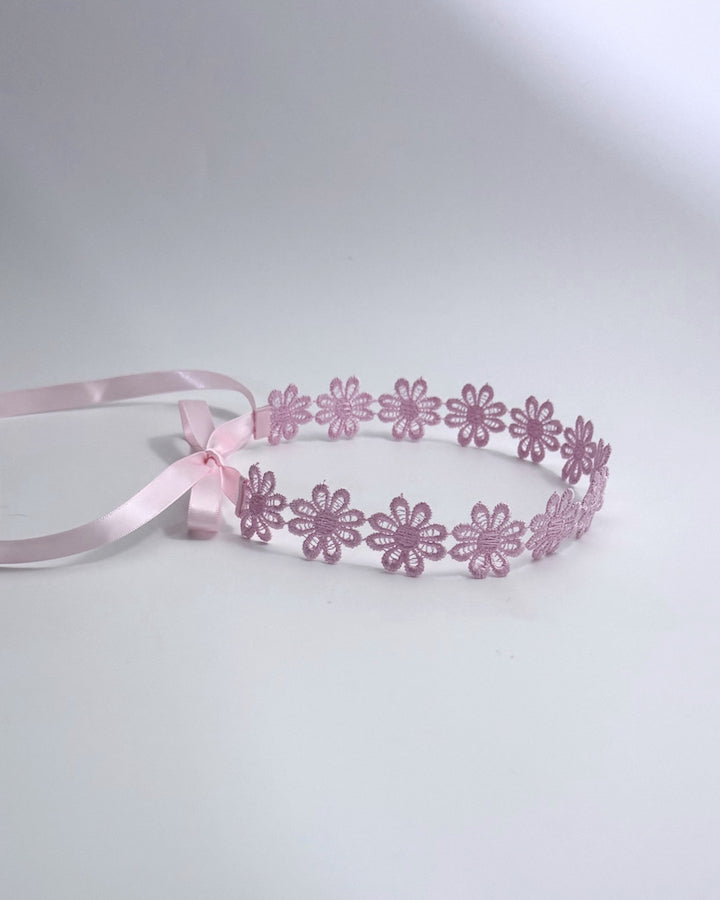 Pink Flower Headband with Satin Ties Side View