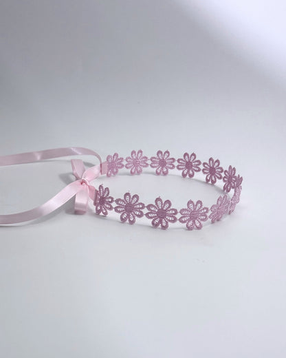 Pink Flower Headband with Satin Ties Side View
