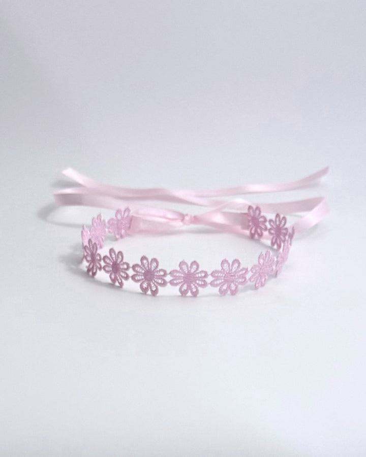 Pink Flower Headband with Satin Ties