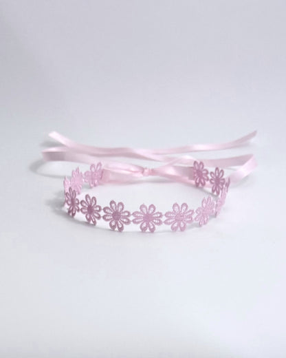 Pink Flower Headband with Satin Ties