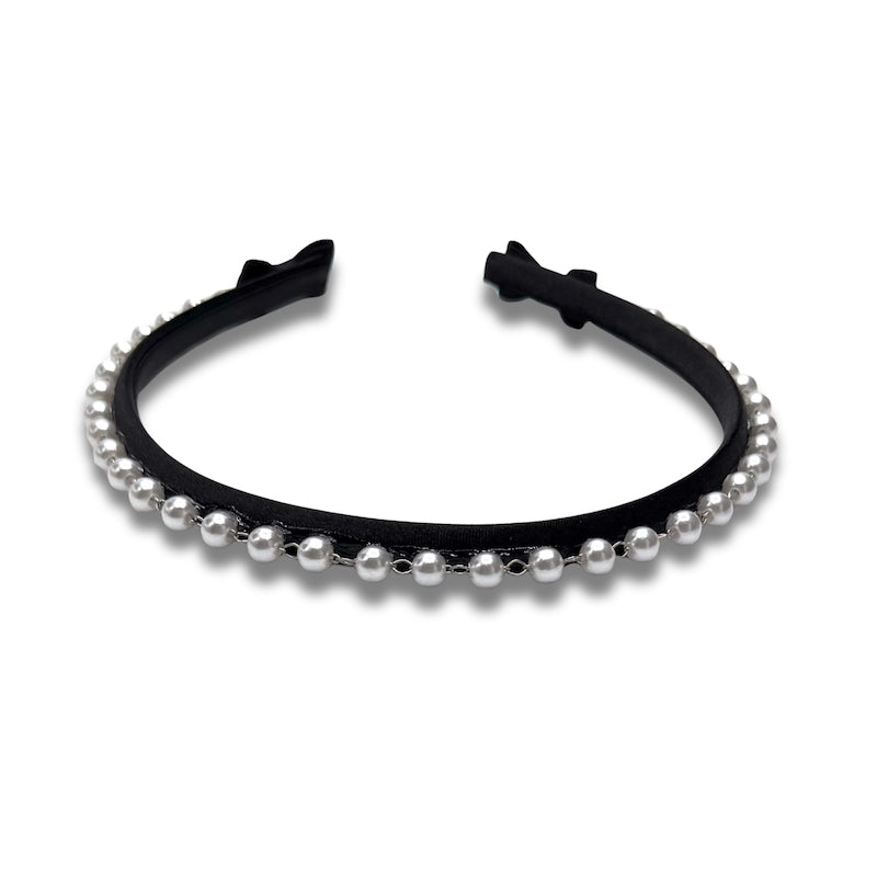 Black Pearl Bow Headband on White Background Top View