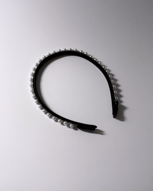 Centerfold Pearl Black Headband with bows at the tips of the hair headband