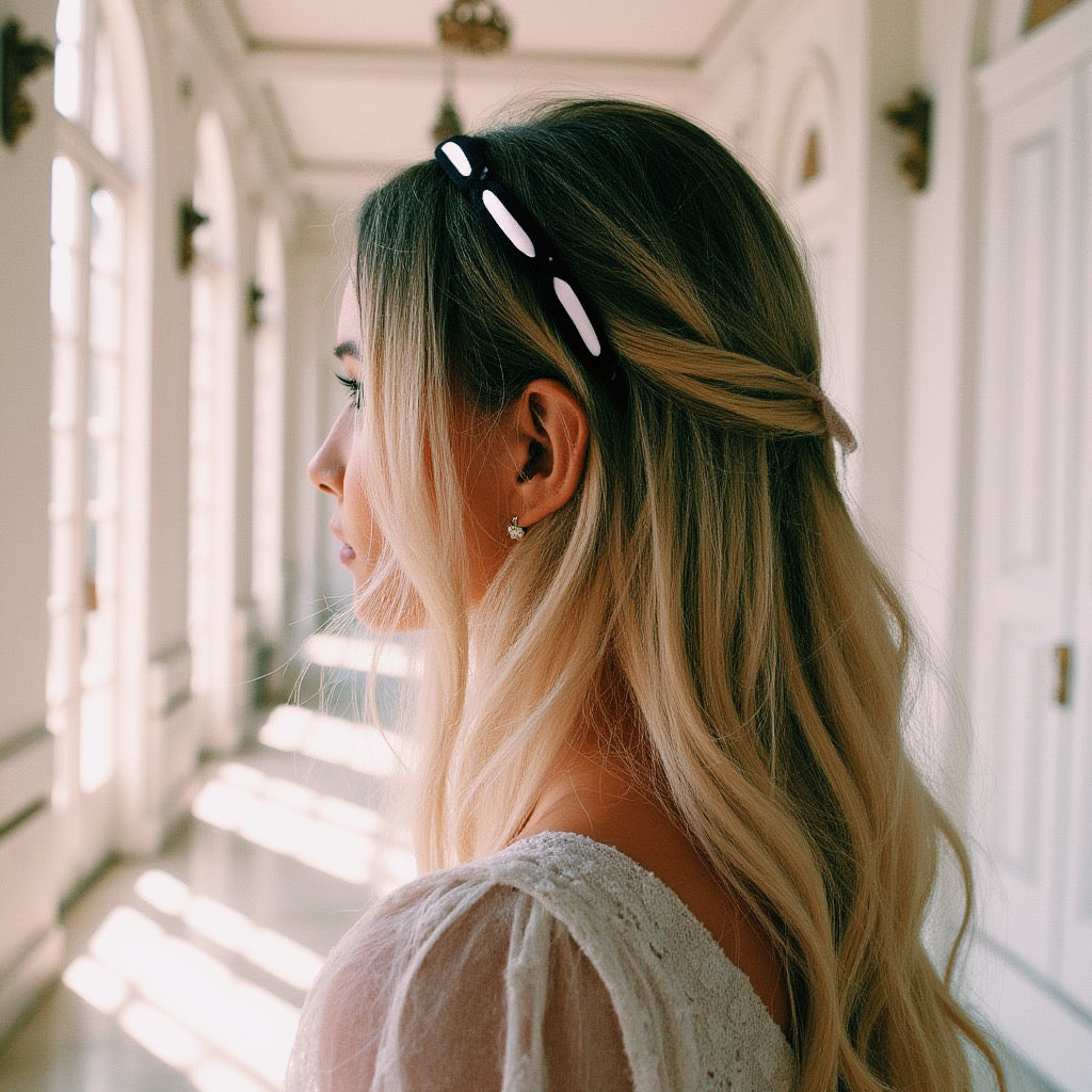 Chantilly Lace Black and Pink Headband on beautiful model in white hallway