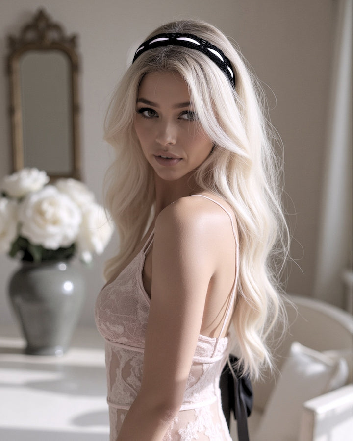 Chantilly Black Lace Pink Bow Headband Hair Accessories in Lingerie