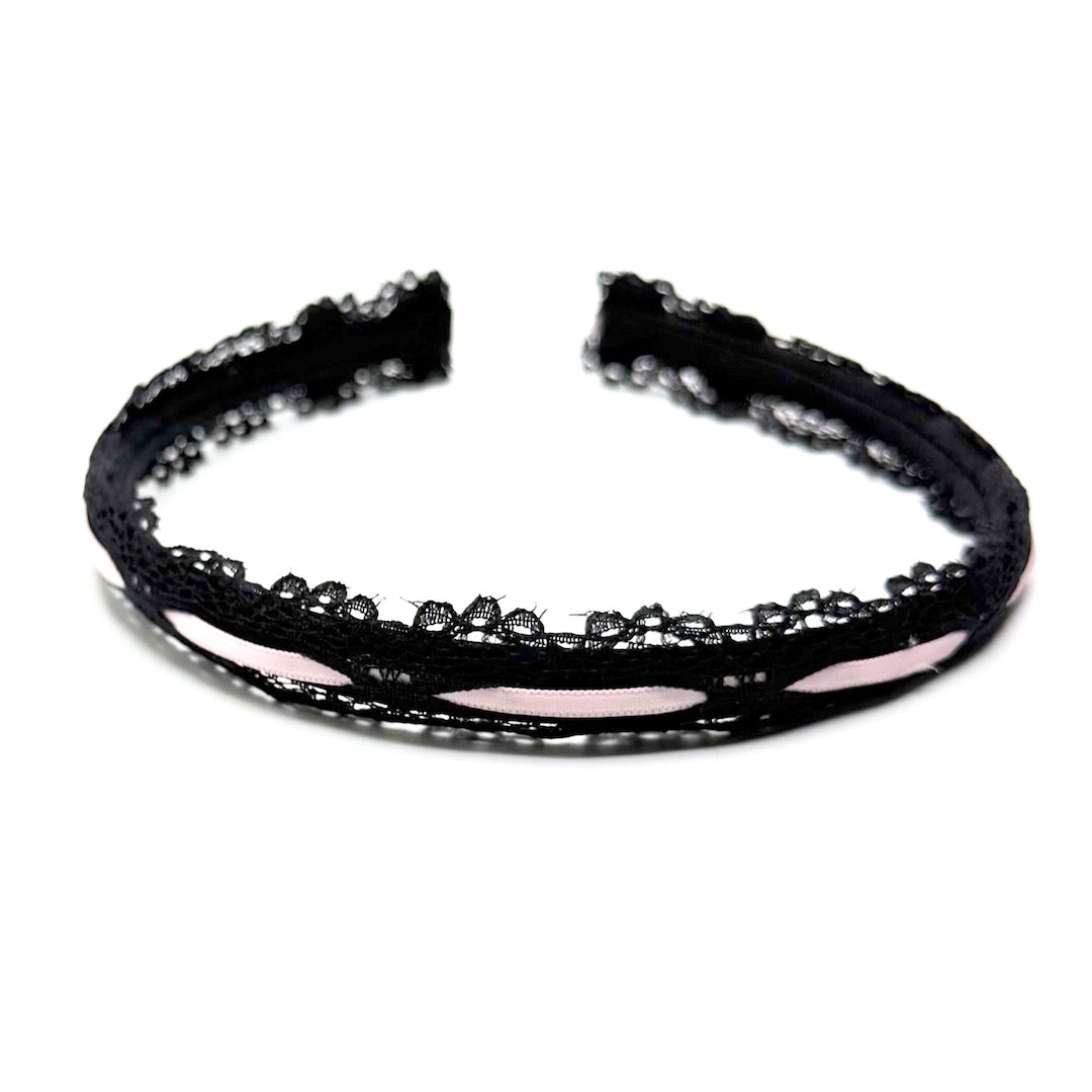 Chantilly Black Pink Lace Bow Headband  Top View