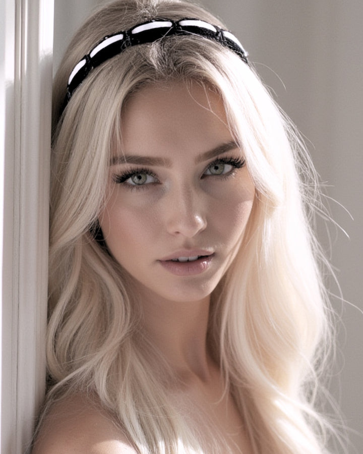 Chantilly Black Lace Pink Bow Headband Hair Accessories on Blonde Model