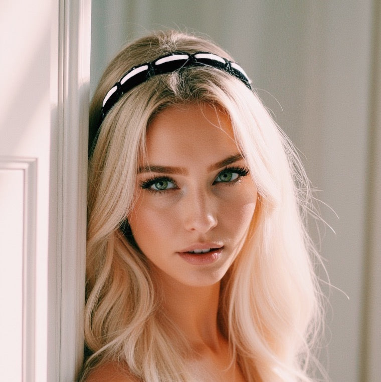 Chantilly Black Pink Lace Bow Headband on Blonde